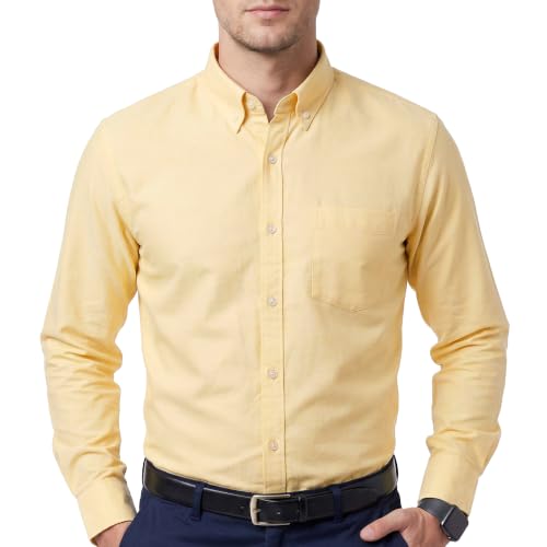 Cotton King Mens 100% Cotton Oxford Shirt Long Sleeve Dress Shirts for Men Button Down Work Casual Shirt with Pocket - Lemon - (L)