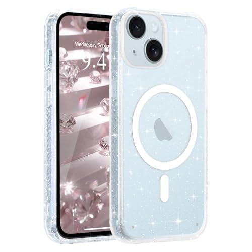 Micoden Coque Magnétique pour iPhone 15, Silicone TPU Pailleté Transparant Mat, Compatible MagSafe, Housse Fine Antichoc Protection Intégrale
