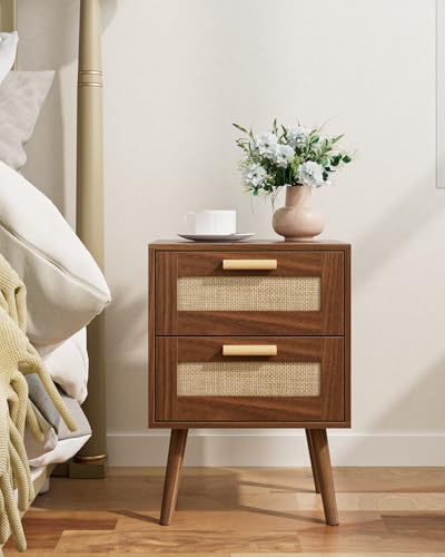 Image of Masupu Rattan Night Stand, Modern nightstand Boho Bedside Table with 2 Drawer, Small End Side Table for Bedroom, Living Room, Office, Walnut