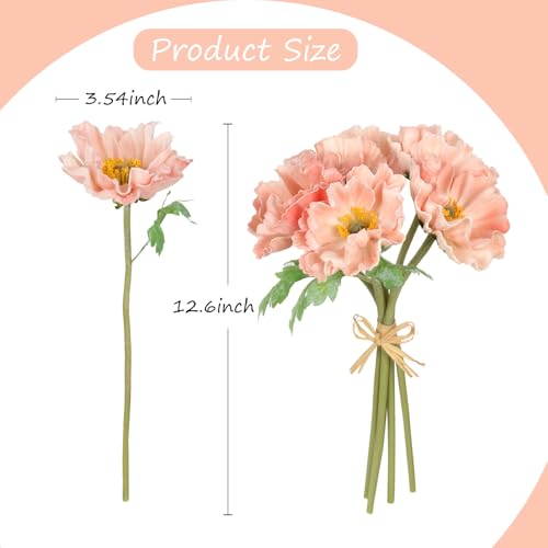 INSUNSIX 2 Bouquets Artificial Poppy Flowers 10PCS Peach Flowers Real Touch Fake Poppies for Wedding Party Office Home Decor(Peach)