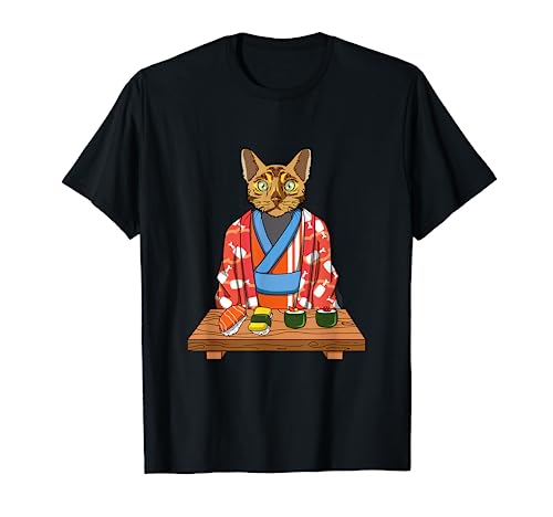 Kawaii Japanese Bengal Cat Kimono Sushi T-Shirt