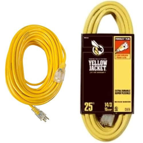 Yellow Jacket 2885 12/3 Heavy-Duty 15-Amp Premium SJTW Contractor Extension Cord with Lighted End; 100 Feet; Yellow & 2886 UL Listed 14/3 15 Amp Premium SJTW 25' Extension Cord