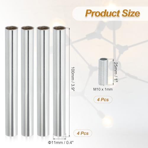Image of PATIKIL Threaded Extension Rod, 4 Sets 4 inch M10 x 1mm Fine Thread Lamp Pipe with Lamp Pipe Nipples for Pendant Light Island Lighting Chandeliers Stems, Silver Tone