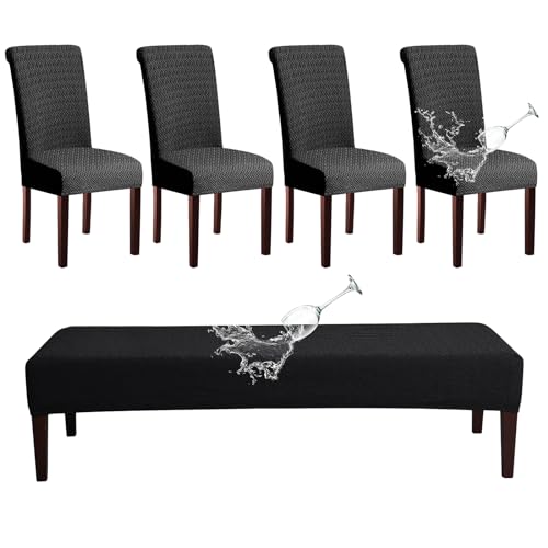 HAOYONG Waterproof Dining Room Chair Cover Set Jacquard Chair Slipcover Washable Parsons Chair Slipcover Removable Seat Protector for Dining Room Hotel Restaurant - 4 PCS Chair Cover+1 PC Bench Cover