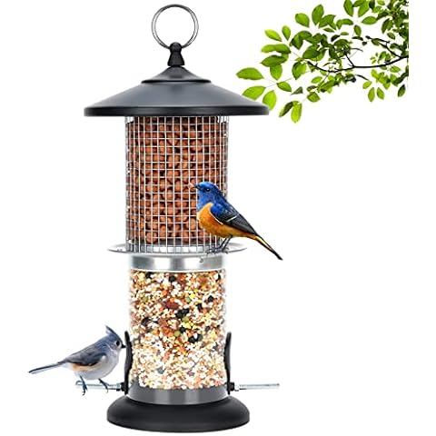 G GOOD GAIN Bird Feeder for Outside Hanging 2-Tier, Squirrel Proof Wild Bird Feeder with 2 Feeding Ports, Metal Tube Bird Seed Feeders and Outdoor Garden Yard Tree Decoration for Bird Watchers, Black Cover