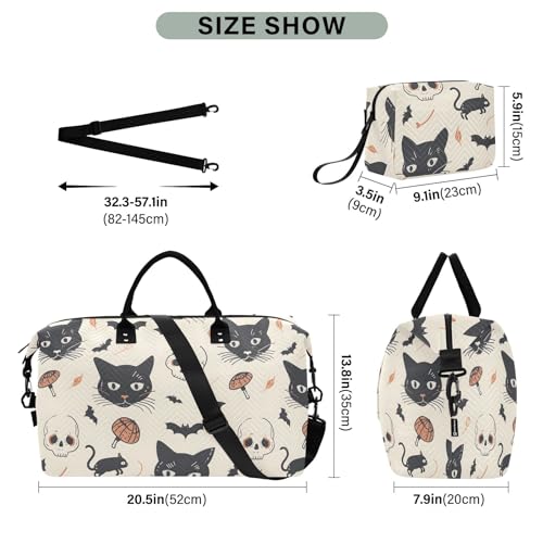 senya Weekender Bags Travel Duffel Gym Bag Cat and Skulls Carry on Overnight Tote Bag with Toiletry Bag for Airplane Travel Trip Gym Yoga, g366805008p1006c1071s24423