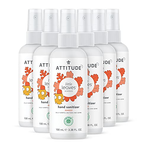 ATTITUDE Hand Sanitizer Spray for Kids, Perfect Travel Size Format, Kills Bacteria and Germs, Vegan and Cruelty-Free, Mango, 3.5 Fl Oz (Pack of 6)