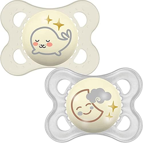 MAM Latex Night Soothers 0 Months+ (Pack of 2), Glow in the Dark Baby Soothers with Self Sterilising Travel Case, Newborn Essentials, Grey, (Designs May Vary)