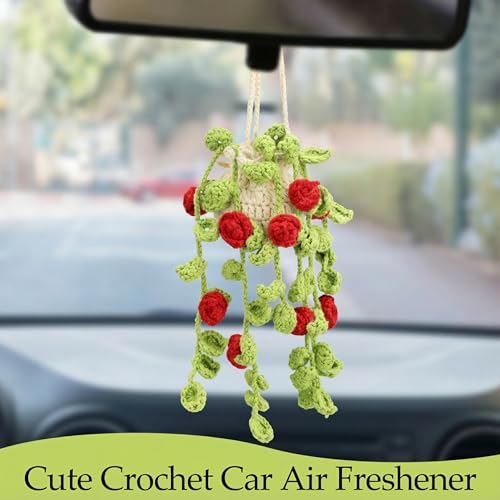 Image of Cute Air Freshener for Car, Crochet Car Accessories Air Freshener, Cute Rear View Mirror Accessories, Handmade Crochet Plant for Cars, Red Rose
