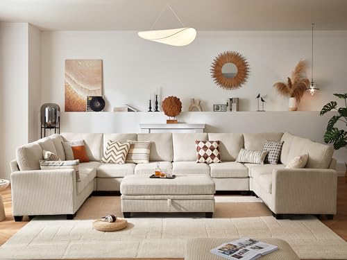 Image of CHIC HOUSE Modular Sectional Couch| Corduroy L Shaped Sleeper Sofa, U-Shape Sofa Bed Convertible Chaise with Storage Ottoman for Living Room Modern Furniture (Beige, 12 Seater U-Shaped)