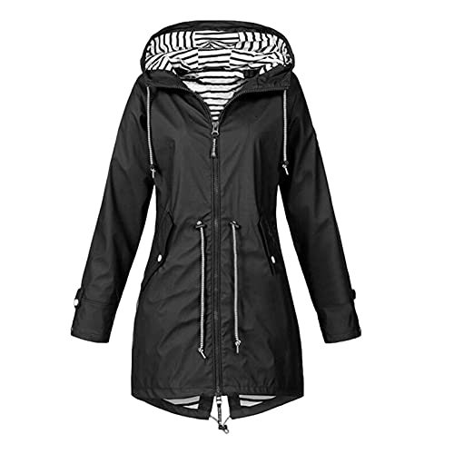 ERZU lluvia longitud media para mujer, cortavientos a rayas, impermeable, ligera, con capucha para exteriores, gabardina, Negro, M