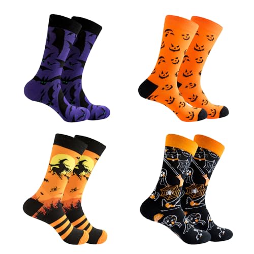 DVOFU 4Pairs Halloween Socks Colourful Party Design Socks Pumpkin Bat Witch Spider Socks Funny Spooky Crazy Cool Casual Dress for Men Women