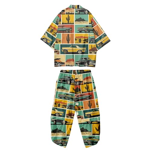 Image of DOSLAVIDA Men's Japanese Kimono Cardigan Suit Chinese Style Printed Jacket Pants Set Open Front Seven Sleeve Top & Shorts