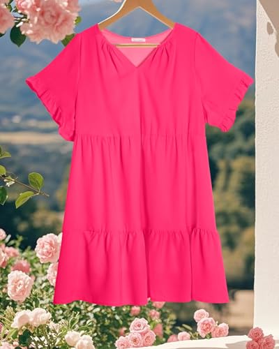 Pinup Fashion Plus Size Summer Dress - Casual Babydoll Tunic V Neck Short Ruffle Sleeve Tiered Dresses4