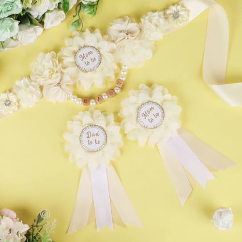 Image of Ivory Cream Baby Shower Sash and Pins Set - Cream White Flower Baby Shower Belly Belt and Mom to Be & Dad to Be Corsage Pins, New Parents Pregnancy Photo Props Party Supplies