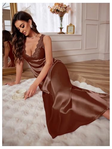Image of WDIRARA Women's Satin Sleepwear Nightgown | Lace, Backless, Deep V Neck, Sleeveless, Long