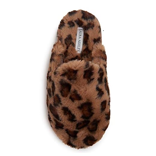 Laura Ashley Scuff Slippers, Plush Animal Print Slip-Ons for Women with Memory Foam Insole, Brown, Medium