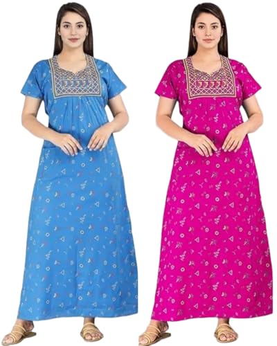 Image of NILOUFO Women's Cotton Jaipuri Nighty Gown - Pack of 2 Rajasthani Print Night Dresses | Maxi Sleepwear with Pocket | Soft Embroidered Loungewear for Ladies