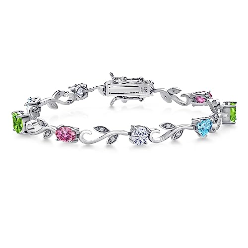 Gem Stone King 925 Sterling Silver Customized and Personalized Round Oval Princess and Heart Shape Gemstone Birthstone and White Moissanite Flower and Leaf Tennis Bracelet For Women