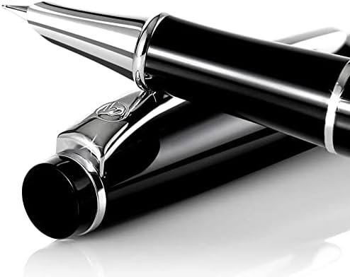 Luxury Black Fountain Pen with Beautiful Case Set, Fine Silver Nib and Refillable Converter. Perfect Calligraphy Pens to Make Your Point. Works Smoothly with International Disposable Ink Cartridges