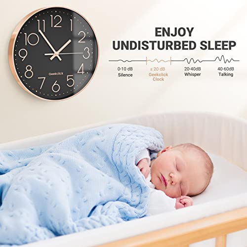 Geekclick 12" Wall Clock [Battery Included], Silent & Large Wall Clocks For Living Room/Office/Home/Kitchen Decor, Modern Style & Easy To Read - Rose Gold &Black #TOP5