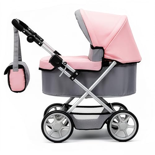 iCradle Baby Doll Stroller, Pink and Gray Foldable Pram with Adjustable Hood, Storage Basket and Shoulder Bag, Lightweight Buggy for Dolls Up to 22...