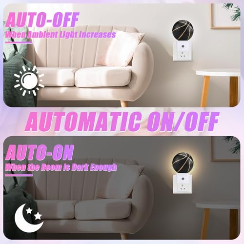 Image of Basketball Night Light Sport Ball Night Lights LED Lamp Round Plug into Wall Nightlight with Dusk to Dawn Sensor Home Hallway Stairway Kitchen Decor