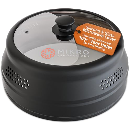 Image of Mikro Innovations Glass & Silicone Microwave Splatter Cover - Tall and Collapsible Design that fits 6-10.5in Plates and Bowls - Space Saving, BPA Free & Dishwasher Safe (1, Black, large)