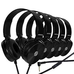 Premium Classroom Headphone & Mic Set 3.5mm Jack Stereo Sound Earphones with Microphone & Soft Swivel On Ear Pads- Perfect for E-Learning, Meetings, Calls – Bulk Pack of 5 (Black)
