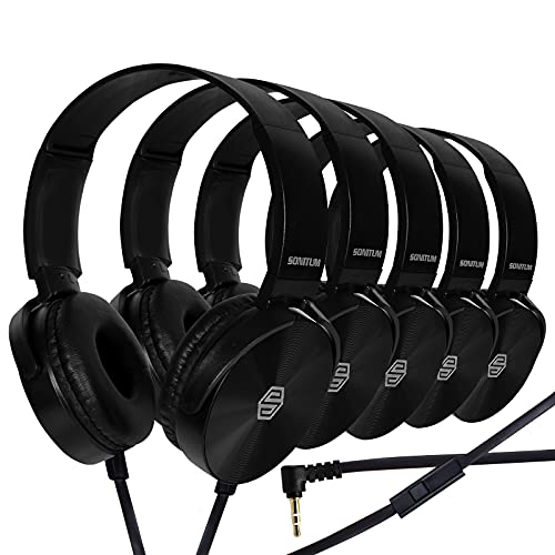 Premium Classroom Headphone & Mic Set 3.5mm Jack Stereo Sound Earphones with Microphone & Soft Swivel On Ear Pads- Perfect for E-Learning, Meetings, Calls – Bulk Pack of 5 (Black)