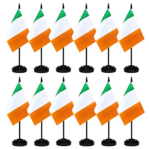 12 Pack Ireland Desk Flags Set, Irish Small Mini Table Office Flags With 12 Solid Black Pole, Black Base and Spear Top, Miniature Desktop Flag, Home Decoration, Office Decoration, Festival