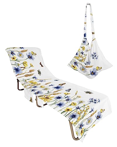 Fall Leaves Flower Beach Chair Towel Covers for Chaise Lounge with Side Pocket, Soft Plush Pool Towels Cover for Patio Sunbathing Outdoor 29''x85'' Country Blue Butter-fly Yellow Wheat
