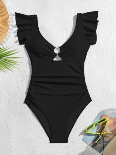 Image of Eomenie Womens Ruffled One Piece Swimsuit Slimming Tummy Control Bathing Suit V-Neck Cutout Swimwear for Resort Wear
