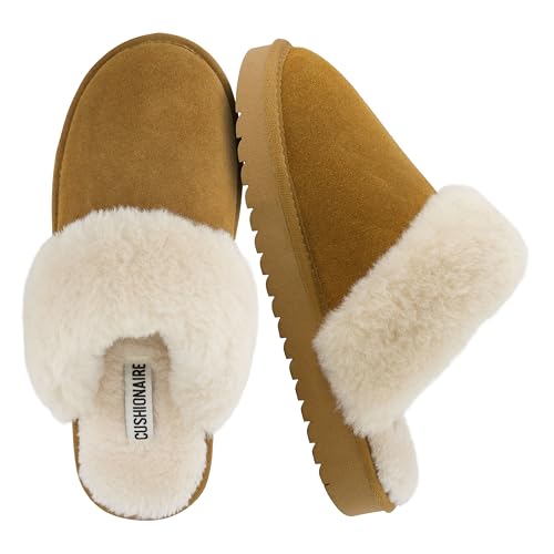CUSHIONAIRE Hush 100% Genuine Suede Cozy Womens Slippers with Faux Fur Lining – Slip On Comfortable Mule House Slippers for Women Indoor and Outdoor , CHESTNUT 6