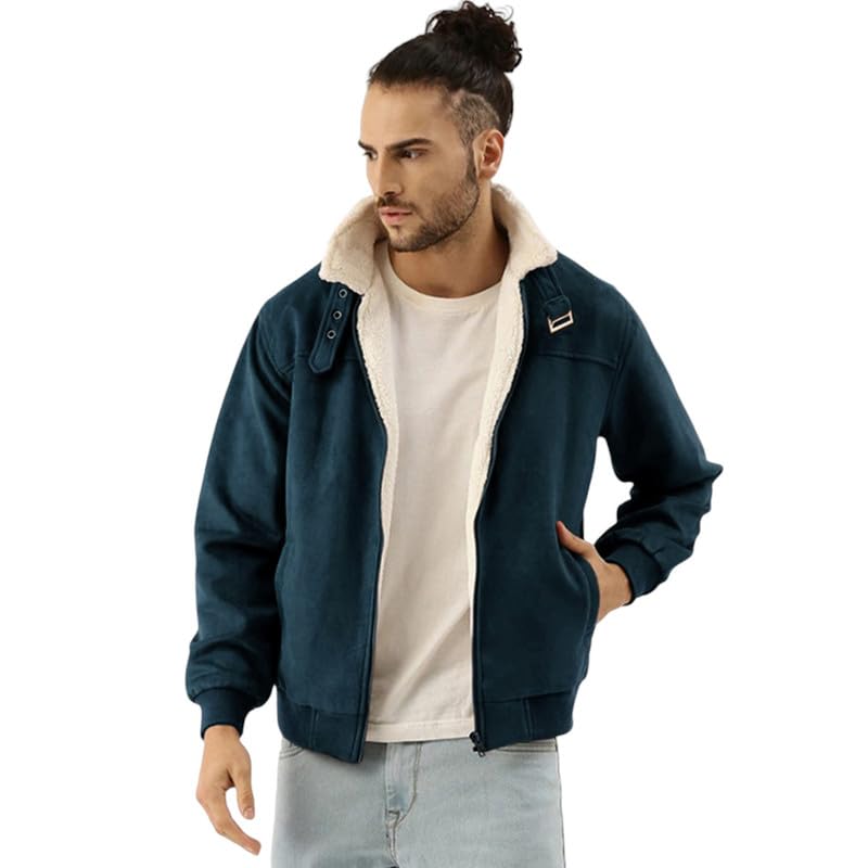 Campus Sutra Men’s Fur-Lined Suede Bomber Jacket For Casual Wear | High Neck | Long Sleeve | Zipper Closure | Jacket Crafted With Comfort Wear For Everyday Wear