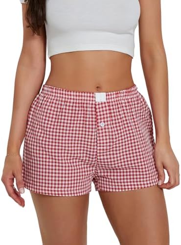Women&#39;s Y2K Lounge Shorts Cute Soft Elastic Low Waist Plaid Print Button Front Pajama Bottoms Boxer Shorts Sleepwear