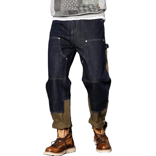 XYXIONGMAO Men's Hip Hop Patchwork Denim Vintage Techwear Washed Streetwear Joggers Multi-Pocket Sweatpants Cargo Pants