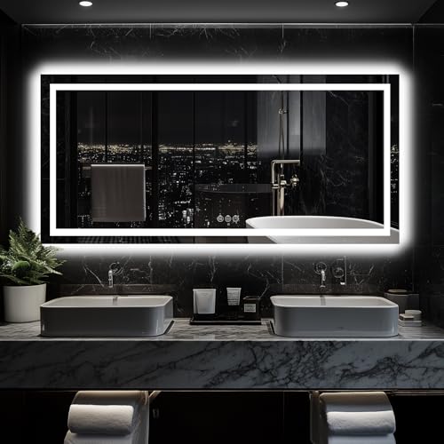 Homsion LED Bathroom Mirror, 60"x28" with Frontlit and Backlit Anti-Fog Mirror with Lights LED Vanity Mirror for Bathroom 3 Colors Temperature & Dimmable Bathroom Mirror with HD Tempered Glass by Homsion - Used condition - US$207.17
