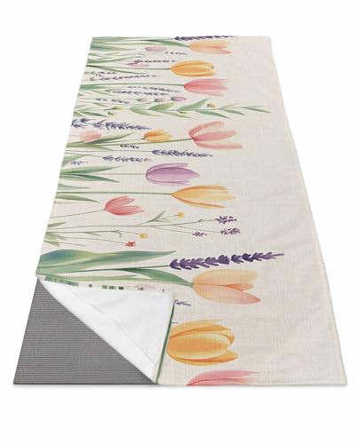 BOSIJOY Yoga Mat Towel,Watercolor Flower Green Leaves Non Slip Sweat Absorbent Hot Yoga Towels with Corner Pockets,Spring Tulip Lavender on Linen Soft Microfiber Towel for Pilates Bikram 74
