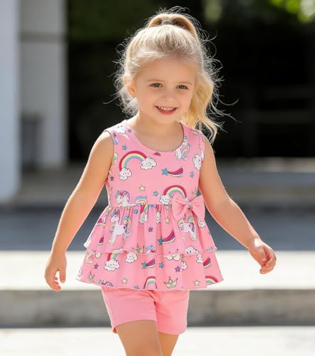 Image of Girls 2 Piece Outfit Summer Short Set Sleeveless Bow Knot Tank Top and Shorts Cute Clothes for Toddler Girls