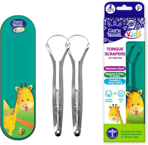Image of GuruNanda Kids Tongue Scraper (12-Pack) with Travel Case, Stainless Steel, Aids in Fresh Breath - Travel-Friendly Tongue Cleaner (Green /Pink /Orange)