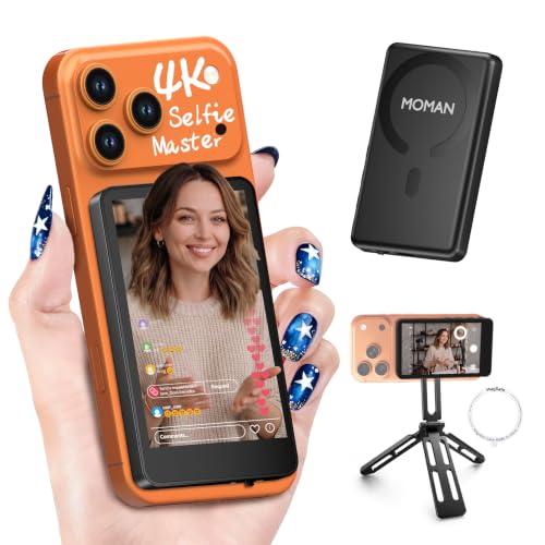 Image of Moman Creator Selfie Monitor Kit with Magnetic Desktop Stand for iPhone | Rear-camera preview creator kit with dual-sided magnetic desk stand for live streams, cooking demos, selfies and vlogs