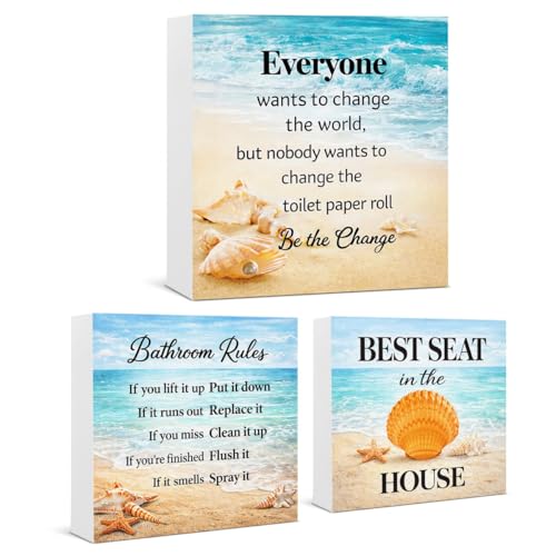 3 Pcs Funny Coastal Bathroom Decor, Summer Beach Themed Toilet Wooden Block Sign, Funny Ocean Bathroom Decorations for Shelf Toilet Tank 5x5 Inch