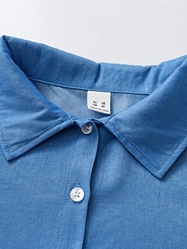 Oyoangle Girl's 2 Piece Outfit Butterfly Patched Cami Dress With Long Sleeve Button Down Crop Shirt Set Blue And Black 9Y #TOP2