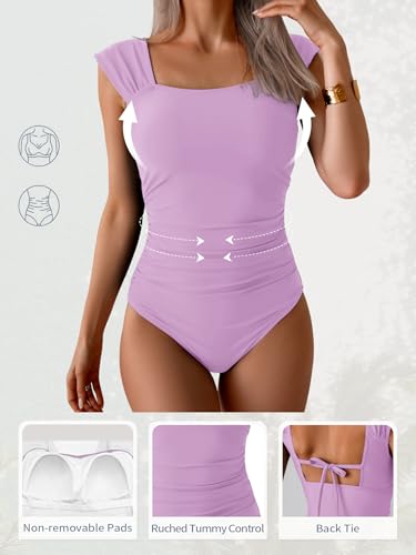 Image of B2prity Womens One Piece Swimsuit Retro Square Neck Tummy Control Bathing Suits Ruched Modest Full Coverage Swimwear