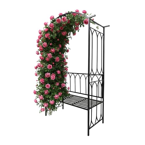 Relaxdays Arche à Roses en métal Noir avec Banc, 210 x 134 x 48 cm, pour Plantes grimpantes