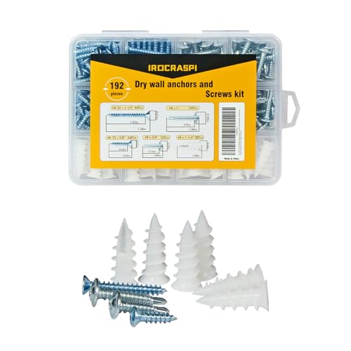 IROCRASPI 192Pcs Self Tapping Screws Drywall Anchors and Sheet Metal Screw Assortment,4 Size Kit for Installing Drywall, Wood,Metal Sheet Materials