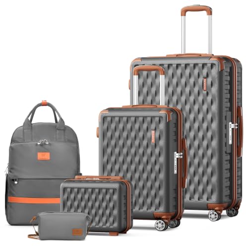 Image of Melalenia Luggage Sets 5 Piece Hard Shell Carry on Suitcase with Spinner Wheels and TSA Lock, Lightweight Travel Backpack for Women, Men, Grey Brown