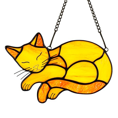 Orange Cat Stained Glass Suncatcher Decor for Window Hanging - Memorial Gifts for Cat Lovers, Mom or Women - Sympathy Gift - Handcrafted Art Ornament