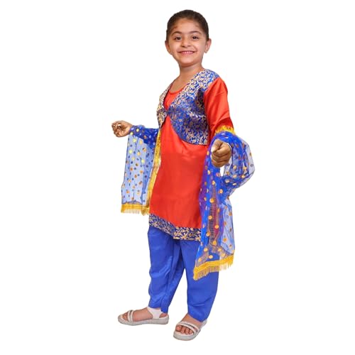 Image of Kaku Fancy Dresses Punjabi Girl Ethnic Costume for Kids - Red & Blue Salwar Suit Dress with Dupatta | Indian State Fancy Dress for Girls (10-12 Years)